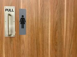 Symbol für Damen-Toilette. Darstellung einer stehenden Figur in einem Kleid.