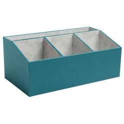 Tealfarbene Aufbewahrungsbox mit drei Fächern. Innen mit grauem Muster.
