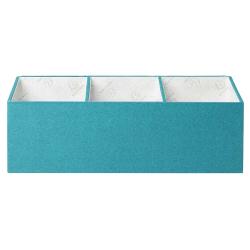 Tealfarbene Aufbewahrungsbox mit drei Fächern. Innen mit grauem Muster.