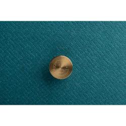 Tealfarbige Aufbewahrungsbox mit goldfarbenem Knopf. Rechteckige Form, schlichtes Design.