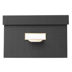 Drei schwarze Aufbewahrungsboxen in verschiedenen Größen. Jede Box hat einen goldenen Griff und ein beschriftbares Etikett.