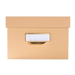 Drei stapelbare Aufbewahrungsboxen in beige. Jede Box hat einen Deckel und einen Griff.