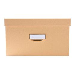 Drei stapelbare Aufbewahrungsboxen in beige. Jede Box hat einen Deckel und einen Griff.