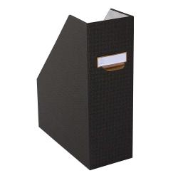 schwarzer Aktenordner in schmaler Form. Mit einem Etikettenfeld für Beschriftungen.
