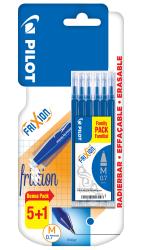 Packung mit blauen Frixion Stiften und einem Radierer. Enthält 5 Stifte und einen zusätzlichen.