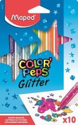 Packung mit zehn glitzernden Filzstiften in verschiedenen Farben. Auf dem Bild ist ein gezeichneter Einhorn und Blumen zu sehen.