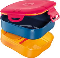 Bunte Brotdose in drei Farben: pink, blau und gelb. Sie hat einen stabilen Verschluss und zwei Fächer.