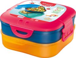 Bunte Brotdose in drei Farben: pink, blau und gelb. Sie hat einen stabilen Verschluss und zwei Fächer.
