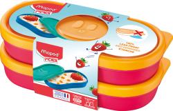 Bento-Box in orange und rot mit lächelndem Gesicht. Ovaler Deckel und rechteckige Form.