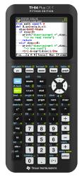 Grafikrechner TI-84 Plus CE-T mit Python-Funktion. Bildschirm zeigt Programmcode zur Berechnung der Diskriminante.