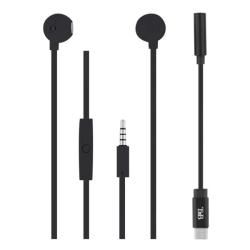 Schwarze Ohrhörer mit Fernbedienung. Stecker für 3,5 mm Klinkenanschluss.