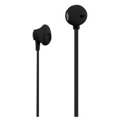 Schwarze Ohrhörer mit flachem Kabel. Die Ohrstücke sind rund und haben ein schlichtes Design.
