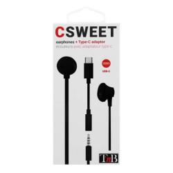Schwarze Ohrhörer mit Type-C Adapter. Verpackung zeigt die Ohrhörer und den Adapter.