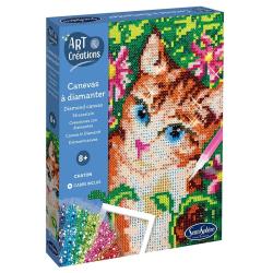 Verpackung für ein Diamond Painting Set. Abbildung eines orangefarbenen Katers mit blauen Augen und Blumen im Hintergrund.