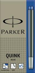 Parker Quink Tintenpatronen in Blau. Verpackung zeigt einen Stift und Symbole für Nachfüllung.
