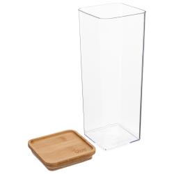 transparenter rechteckiger Behälter mit abgerundeten Ecken. Holzdeckel aus Bambus, quadratisch. Behälter ist hoch und schmal.