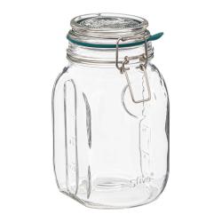 Glasbehälter mit einem Deckel und einem Verschlussmechanismus. Transparent und rechteckig geformt.