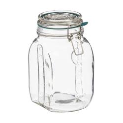 Glasbehälter mit einem Deckel und einem Verschluss. Rechteckige Form, transparent.