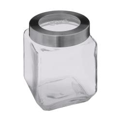 Glasbehälter in quadratischer Form mit einem metallischen Deckel. Transparentes Material, ideal für Aufbewahrung.