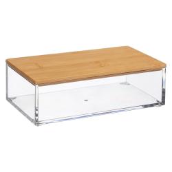 Rechteckige Box mit transparentem Kunststoff und einem Holzdeckel. Ideal zur Aufbewahrung von kleinen Gegenständen.