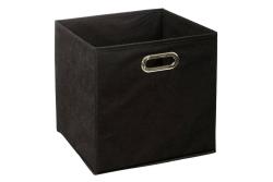 Schwarze Aufbewahrungsbox aus Stoff mit rechteckiger Form. Hat einen Griff an der Vorderseite.