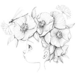 Buchcover mit dem Titel 'Coloriage Wild' von Emmanuelle Coln. Abbildung eines Mädchens mit Blumen im Haar und Buntstiften.