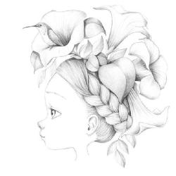 Buchcover mit dem Titel 'Coloriage Wild' von Emmanuelle Coln. Abbildung eines Mädchens mit Blumen im Haar und Buntstiften.