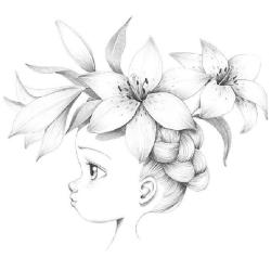Buchcover mit dem Titel 'Coloriage Wild' von Emmanuelle Coln. Abbildung eines Mädchens mit Blumen im Haar und Buntstiften.