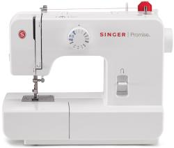 weiße Nähmaschine von Singer. Modell: Promise. Drehknopf für Stichwahl. Faden auf der Oberseite. Einfaches Design.