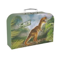 grüne Kinderkoffer mit T-Rex Motiv. Koffer hat einen Griff und ist aus stabiler Pappe.