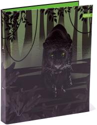 Ordner mit schwarzem Panther-Design. Grüner Hintergrund mit Blättern. Panther hat leuchtend grüne Augen.