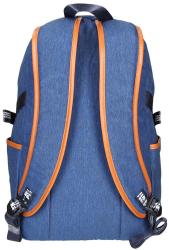 Blauer Rucksack mit braunen Akzenten. Zwei große Taschen vorne und ein Hauptfach.