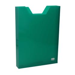 Grüner Ordner mit V-förmigem Ausschnitt oben. Glatte Oberfläche, schlichtes Design.