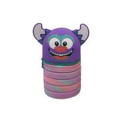Bunte Aufbewahrungsbox mit einem Gesicht und Ohren. Die Box hat mehrere farbige Ringe.