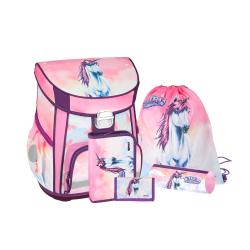 Schulrucksack-Set mit Einhorn-Motiv. Enthält Rucksack, Sportbeutel, Geldbörse und Federmäppchen.