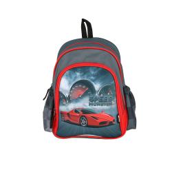 Grauer Rucksack mit roten Akzenten. Auf der Vorderseite ein Auto-Motiv und Tachometer.
