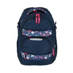 Dunkelblaue Rucksack mit floralen Akzenten. Zwei große Fächer und gepolsterte Tragegriffe.