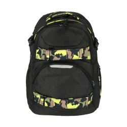 schwarzer Rucksack mit camouflagemuster in Gelb, Braun und Grün. Mehrere Fächer und Reißverschlüsse. Gepolsterte Rückseite und Tragegriffe.