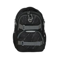 schwarzer Rucksack mit grauen Akzenten. Geometrisches Muster in Schwarz und Weiß. Zwei große Fächer und verstellbare Gurte.