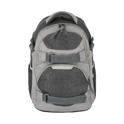 Grauer Rucksack mit hellgrauen Akzenten. Zwei vordere Fächer und gepolsterte Tragegurte.