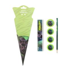 Grüner Schultüten-Design mit einem schwarzen Panther. Enthält ein Lineal und einen Bleistift. Panther mit leuchtenden Augen, auf grünem Hintergrund.