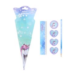 Schultüte mit einem Einhornmotiv. Farbverlauf in Blau und Lila, enthält Lineal und Radierer.