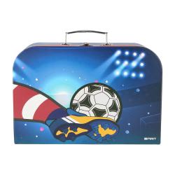 Koffer mit Fußballmotiv. Blaues Design, Fußball und Fußballschuh abgebildet. Griffe oben, rechteckige Form.