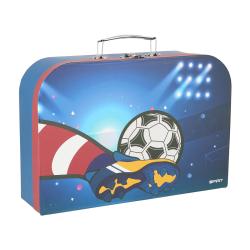 Koffer mit Fußballmotiv. Blaues Design, Fußball und Fußballschuh abgebildet. Griffe oben, rechteckige Form.