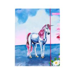 Notizbuch mit einem weißen Einhorn auf dem Cover. Hintergrund in Blau und Rosa mit glitzernden Elementen.