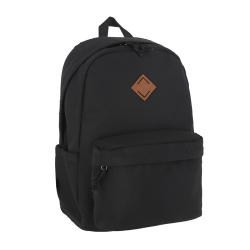 Schwarzer Rucksack mit einem braunen Lederpatch. Einfaches Design mit einer vorderen Tasche.