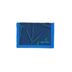 Blauer Schulrucksack mit geometrischem Muster. Enthält Federmäppchen, Sportbeutel und weitere Zubehörteile.