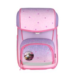 Rucksack in lila und rosa mit Sternen und spiralförmigen Mustern. Enthält ein Federmäppchen, eine Sporttasche und eine Geldbörse.