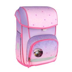 Rucksack in lila und rosa mit Sternen und spiralförmigen Mustern. Enthält ein Federmäppchen, eine Sporttasche und eine Geldbörse.
