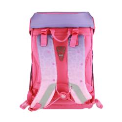 Rucksack in lila und rosa mit Sternen und spiralförmigen Mustern. Enthält ein Federmäppchen, eine Sporttasche und eine Geldbörse.